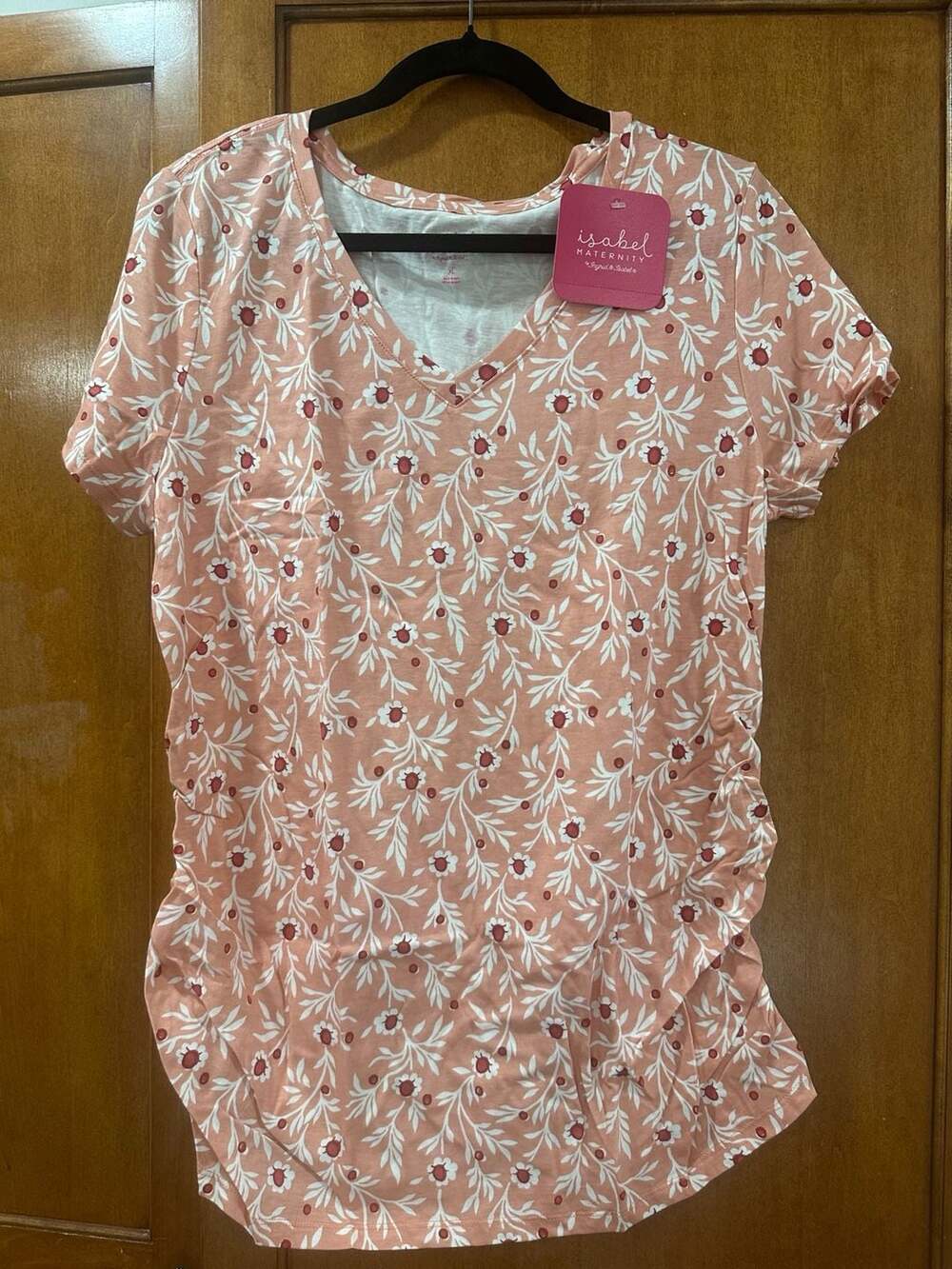 Isabel Maternity by Ingrid & Isabel Side Shirred V-Neck Tee Floral Coral Size XL